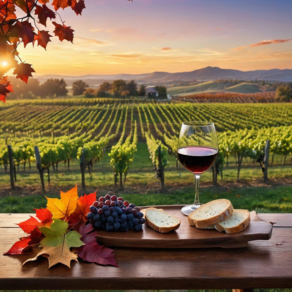 A serene vineyard landscape at sunset, showcasing rows of lush grapevines with a rustic wooden tasting table set for a wine tasting. In the foreground, a glass of deep red artisan wine with reflections of the sky, accompanied by a cheese platter and artisanal bread. Lightly scattered autumn leaves enhance the warmth of the scene. super-realistic. vibrant colors. soft focus.