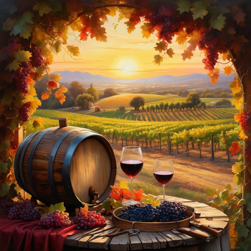 A rustic vineyard landscape at sunset, showcasing rows of grapes ready for harvest, with an aged wine barrel and vintage winemaking tools in the foreground. Include a glass of deep red wine catching the golden light, surrounded by lush, leafy vines. The scene exudes warmth and nostalgia, inviting viewers on a journey through time and tradition. painting. vibrant colors. soft focus.