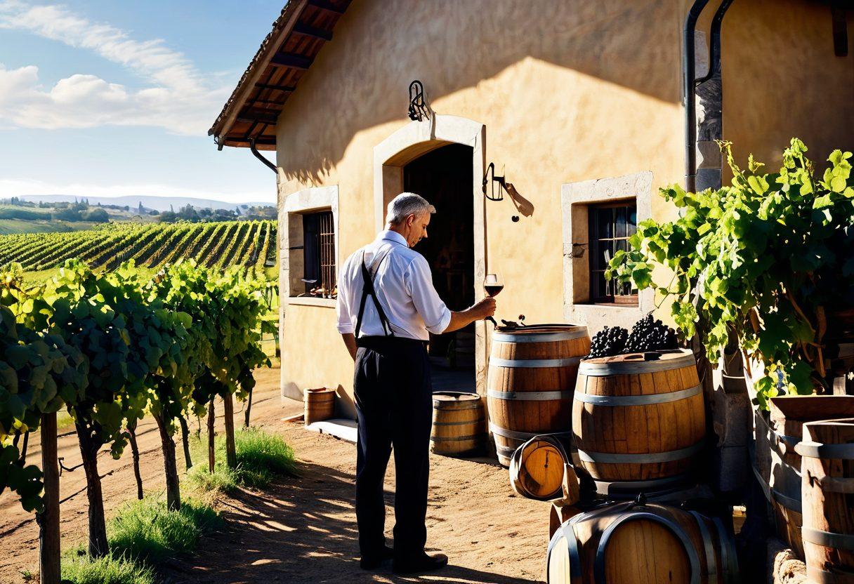 A serene vineyard landscape featuring lush grapevines under the golden sun, with clusters of ripe grapes hanging abundantly. In the foreground, an artisan winemaker carefully inspecting grapes, while behind them, barrels of aged wine are displayed in a rustic cellar. A soft focus on the charming winery building can be seen in the background. The scene captures the beauty of nature and the craftsmanship involved in winemaking. super-realistic. vibrant colors. soft focus.